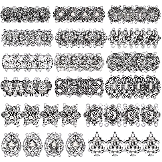 64Pcs 16 Styles Tibetan Style Alloy Multi-Strand Links, 4-Hole, Antique Silver