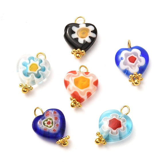 Handmade Lampwork Pendants, Heart, with Flower Pattern and Brass Ball Head pins