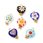 Handmade Lampwork Pendants, Heart, with Flower Pattern and Brass Ball Head pins