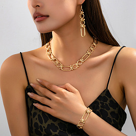 Women's Iron Oval Link Necklaces & Bracelets & Dangle Earrings Sets, Paperclip Chain Jewelry Set