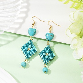 Серьги-подвески из ромбовидного бисера ручной работы, с синтетическими бирюзовый, золотые