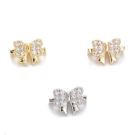 Rack Plating Brass Pave Cubic Zirconia Slide Charms, Cadmium Free & Lead Free, Long-Lasting Plated, Bowknot