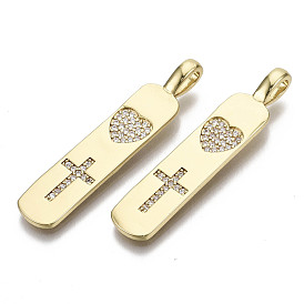 Brass Micro Pave Clear Cubic Zirconia Pendants, Nickel Free, Oval with Heart & Cross