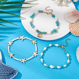 3шт. 3 стили браслеты на ногу из синтетического магнезита и бирюзы в форме морской звезды, летняя форма ракушки 304 браслеты на щиколотку из нержавеющей стали с подвесками