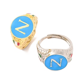 Round with Letter N Brass Enamel Adjustable Rings, Signet Rings for Women, Lead Free & Cadmium Free