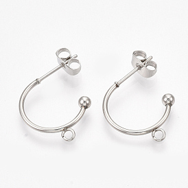 304 Stainless Steel Stud Earring Findings, Half Hoop Earrings, with Loop and Ear Nuts/Earring Backs