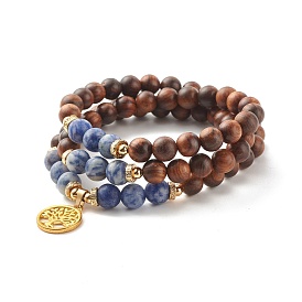 Productos de doble uso, pulseras o collares de cuentas redondos de madera y jaspe azul natural con tres bucles, Pulseras con dijes de árbol de la vida para mujer.