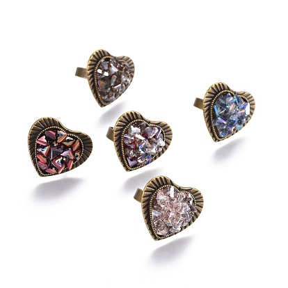 Adjustable Electroplate Glass Finger Rings, with Iron and Cardboard Ring Boxes, Heart