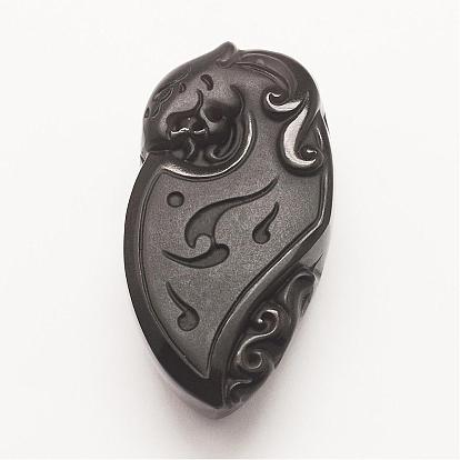 Carved Natural Obsidian Pendants, Teardrop
