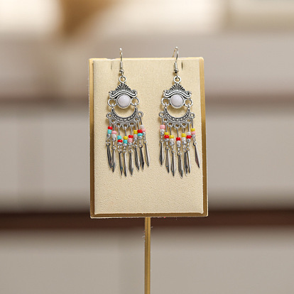 Плоские круглые серьги-люстры в стиле бохо из сплава, стразов и стеклянных бусин, античное серебро