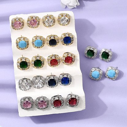 Brass Pave Clear Cubic Zirconia & Glass Stud Earrings, Square, Rack Plating, Long-Lasting Plated, Cadmium Free & Lead Free