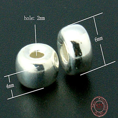 925 plata esterlina granos del espaciador, Rondana plana, 6x4 mm, agujero: 2 mm