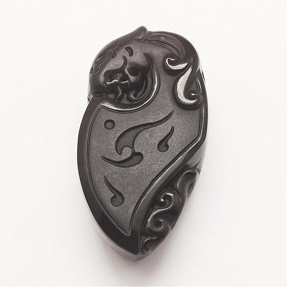 Carved Natural Obsidian Pendants, Teardrop