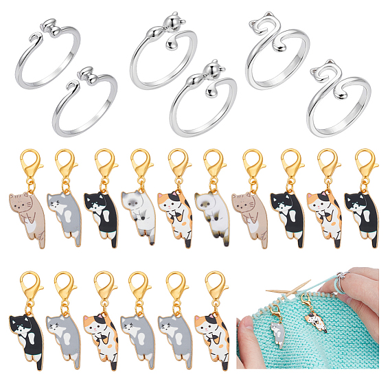 Наборы инструментов для вязания своими руками, включая подвесной маркер с эмалевым сплавом, открытые манжетные кольца из сплава, форма кошки