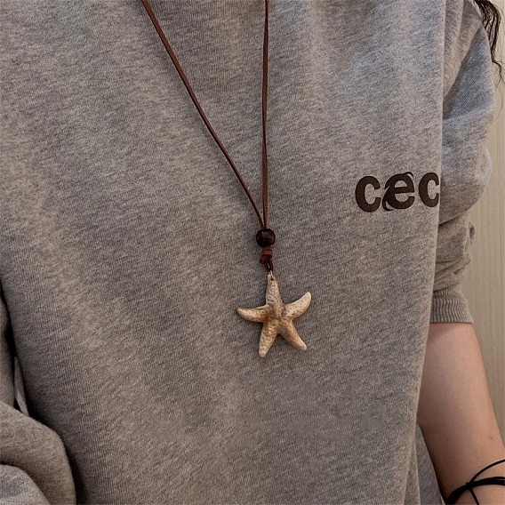 Летние пляжные ожерелья с подвеской из акрила в виде морской звезды, шнур из искусственной замши, регулируемые, с деревянных бусин