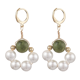 Shell Pearl & Taiwan Jade Leverback Earrings, with 304 Stainless Steel Earring Hooks, Flower