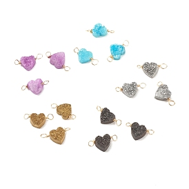 Natural Druzy Agate Connector Charms, with Golden Tone Copper Wire, Dyed, Heart
