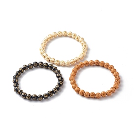 Imitation Wood Plating Acrylic Beads Stretch Bracelet, Round with Cross Pattern