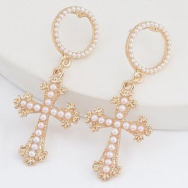 Chic Alloy Hoop Earrings with Faux Pearl Cross Pendant - European Style Fashion Jewelry