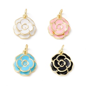 Rack Plating Brass Pendants, with Enamel and Jump Rings, Real 18K Gold Plated, Cadmium Free & Lead Free, Flower