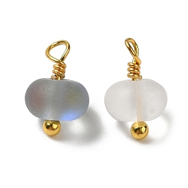 Frosted Glass Flat Round Charms, with Brass Loops, Real 18K Gold Plated