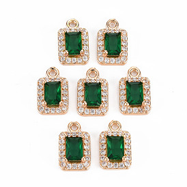 Rack Plating Brass Micro Pave Clear Cubic Zirconia Charms, with Faceted Glass, Long-Lasting Plated, Cadmium Free & Lead Free, Rectangle