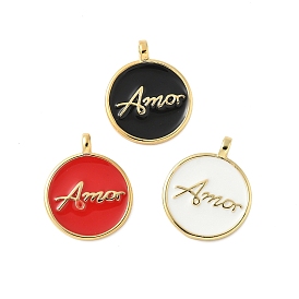 Латунь эмаль подвески, плоский круглый с надписью amor брелок, без свинца и без кадмия, долговечный, стойки покрытие, реальный 18 k позолоченный
