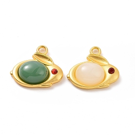 Glass Imitation Jade Pendants with Rhinestone, with Matte Gold Color Alloy Findings, Rabbit Charms