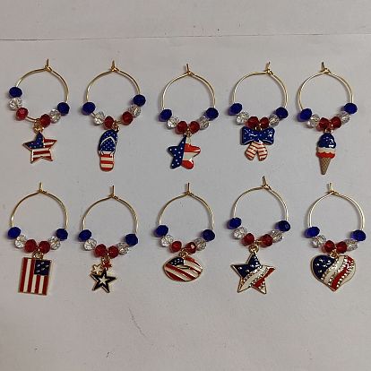 Alloy Enamel Wine Glass Charms, with Brass Hoop Earring Findings and Glass Bead, Star/Heart/Bowknot