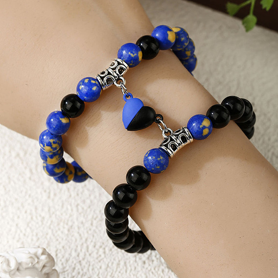 2шт. браслеты из сплава с магнитными сердечками, Браслеты из натуральных и синтетических драгоценных камней и стеклянных круглых бусин для пары, античное серебро