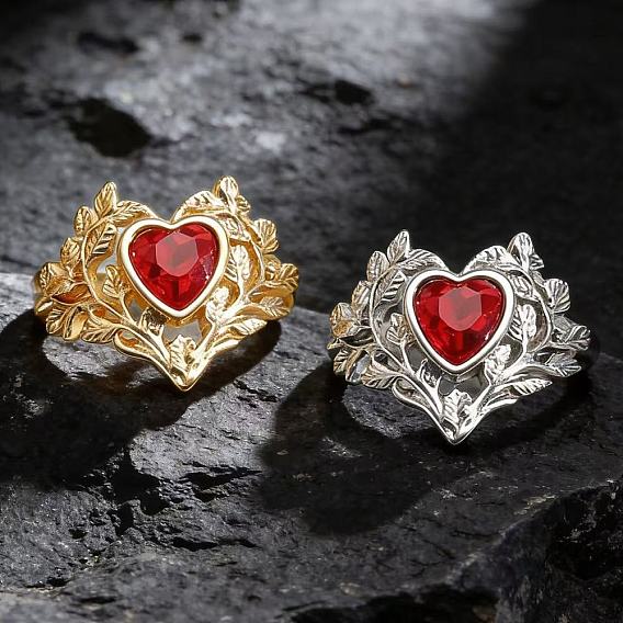 Alloy Rhinestone Heart with Leaf Cuff Open Rings for Women