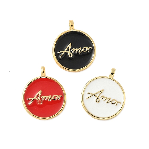 Латунь эмаль подвески, плоский круглый с надписью amor брелок, без свинца и без кадмия, долговечный, стойки покрытие, реальный 18 k позолоченный