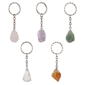 Nuggets Natural Gemstone Pendant Keychains, with Iron Split Key Rings