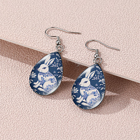 Пасха 304 Серьги-подвески из нержавеющей стали и стекла, слезинка с рисунком кролика, платина