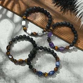 Natural Mixed Gemstone Cuboid & Lava Rock Round Beaded Stretch Bracelet