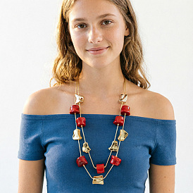 Collares de doble capa con pepitas de resina y plástico CCB con cadenas de aleación para mujer, la luz de oro