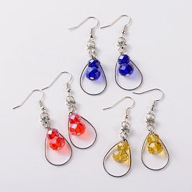 Brass Glass Beads Dangle Earrings, with Rhinestone and Brass Earring Hooks, Platinum, 53mm, Pin: 0.6mm