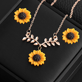 Sunflower leaves flower pendant collarbone chain necklace earrings set branches three-piece set