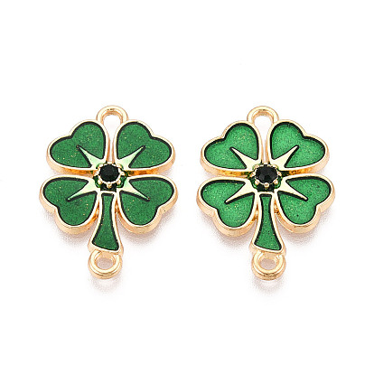 Эмалевые подвески-соединители из сплава ко Дню Святого Патрика, клевер ссылки, с блестящей пудрой и изумрудными стразами, без свинца, без никеля и без кадмия, стойки покрытие