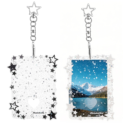 2 piezas 2 colores portatarjetas de fotos de plástico PVC, funda protectora para tarjetas colgantes, Portatarjetas de visita con broches, rectángulo con patrón de estrella, Platino