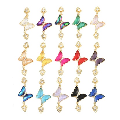 Brass Micro Pave Cubic Zirconia Connector Charms, Butterfly with Flower Links, with Glass, Lead Free & Cadmium Free, Long-Lasting Plated, Rack Plating, Real 18K Gold Plated