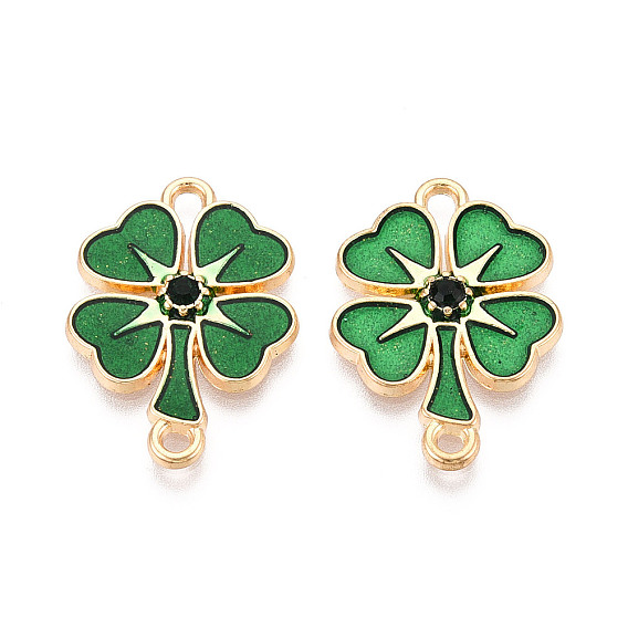 Эмалевые подвески-соединители из сплава ко Дню Святого Патрика, клевер ссылки, с блестящей пудрой и изумрудными стразами, без свинца, без никеля и без кадмия, стойки покрытие