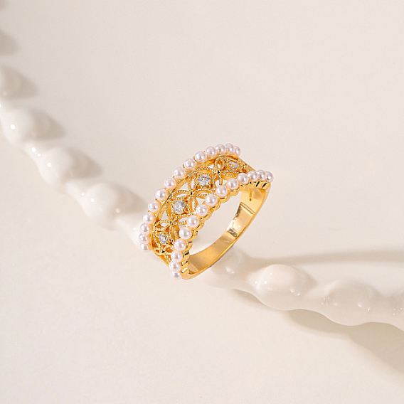 Brass Micro Pave Cubic Zirconia Finger Ring, with Plastic Bead