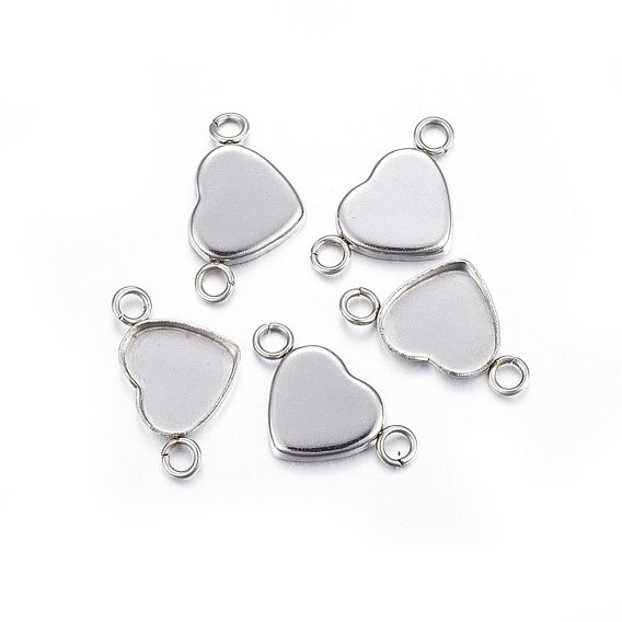 304 Stainless Steel Cabochon Connector Settings, Plain Edge Bezel Cups, Heart