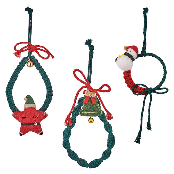 3шт 3 стиль рождественская тема хлопчатобумажная ткань подвесные украшения наборы, звезда с колокольчиком и кольцо со снеговиком и кольцо с колокольчиком, для украшения свадебного фестиваля