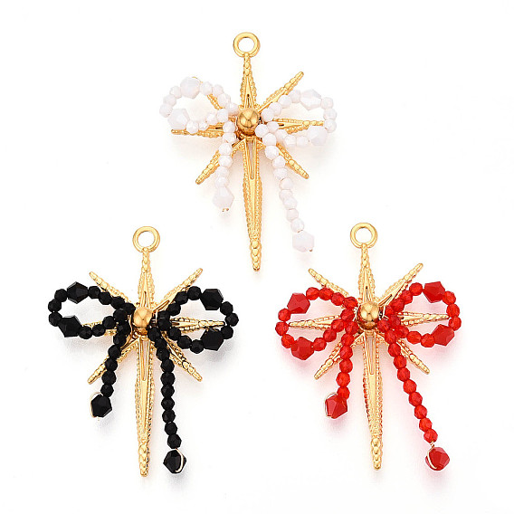 304 подвески из нержавеющей стали, bowknot & star, со стеклом, реальный 18 k позолоченный, ионное покрытие (ip), граненые