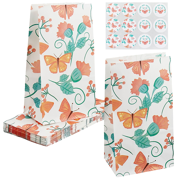 24 шт. пакеты для хранения продуктов из крафт-бумаги с принтом бабочек, подарочные упаковочные пакеты, прямоугольные, с наклейками