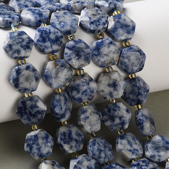 Натуральное синее пятно нитки из бисера яшмы, граненый шестиугольный разрез, шестиугольник, с бисером