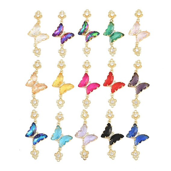 Brass Micro Pave Cubic Zirconia Connector Charms, Butterfly with Flower Links, with Glass, Lead Free & Cadmium Free, Long-Lasting Plated, Rack Plating, Real 18K Gold Plated