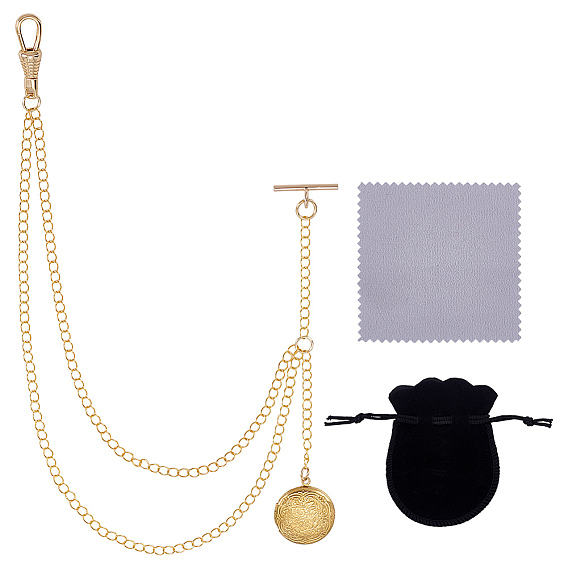 Décotations pendentif médaillon en laiton, avec des chaînes en laiton et des fermoirs mousquetons, des pochettes en velours et un chiffon à polir l'argenterie en daim